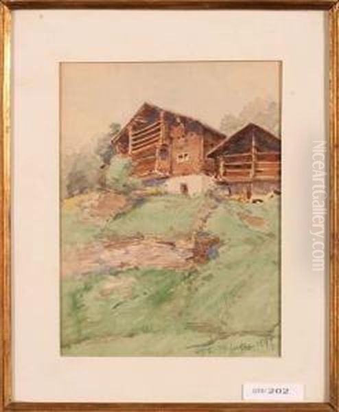 Chalets Pres De Salvan. 1897 Oil Painting by Francois Furet