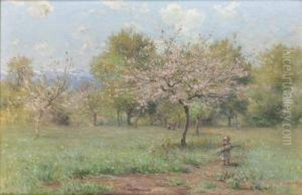 Kleines Madchen Unter Bluhenden Obstbaumen. Oil Painting by Francois Furet