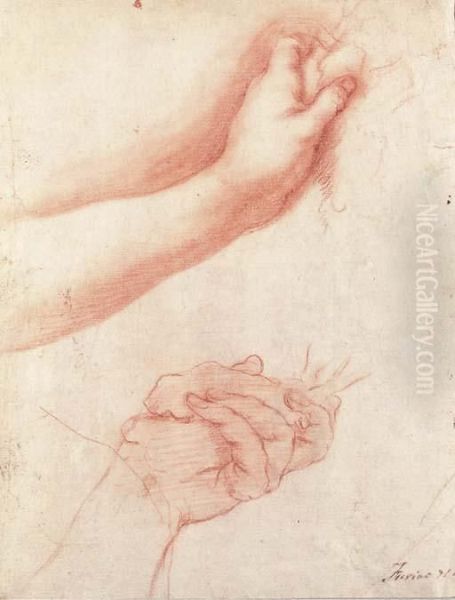 Two Studies Of A Left Hand Holding A Cloth Oil Painting by Francesco Furini