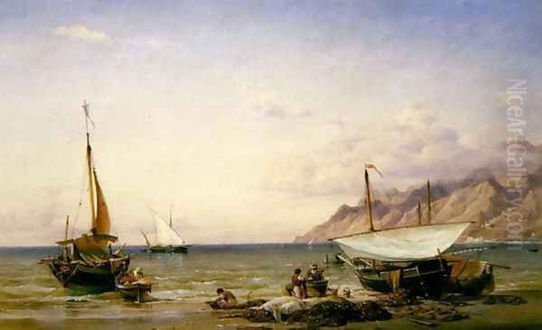 Fishermen maintaining their nets, 1847 Oil Painting by Edward William Cooke