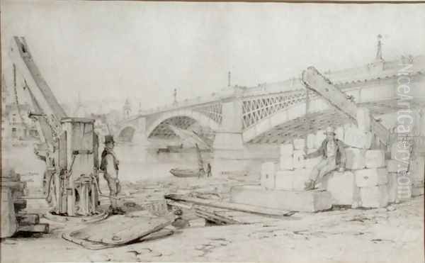 View of Southwark Bridge and the River Thames from Bankside, with two derricks in the foreground, 1827 Oil Painting by Edward William Cooke