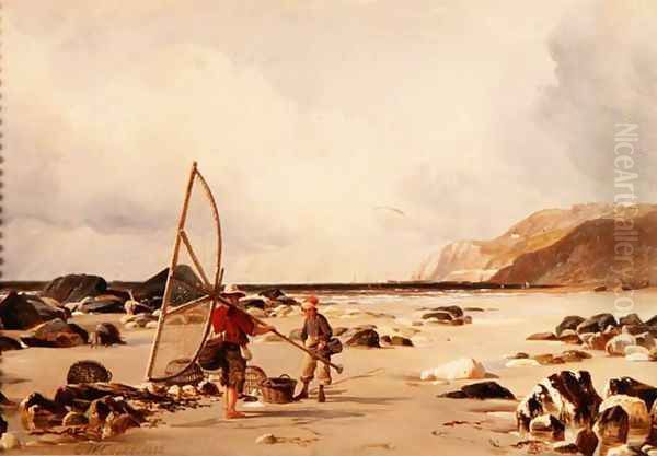 Shrimpers on a beach, 1850 Oil Painting by Edward William Cooke