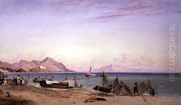 Salerno, Drying Nets Oil Painting by Edward William Cooke