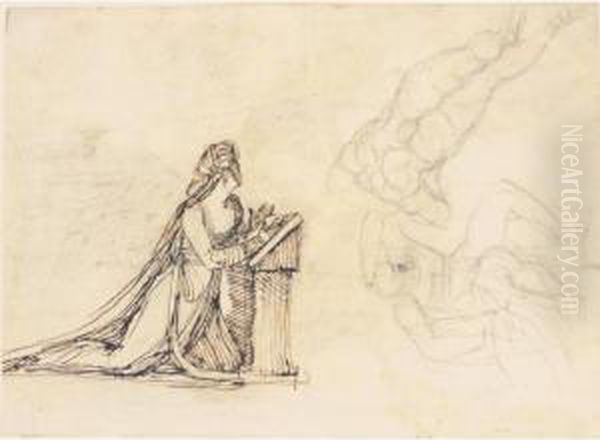 A Lady Kneeling At A Prie Dieu 
And Studies Of Two Nudes (recto); A Striding Nude And Lovers Embracing 
(crossed Out) ( Verso) Oil Painting by Johann Henry Fuseli