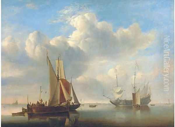 A wijdschip and a kaag under sail in a very light air Oil Painting by Edward William Cooke