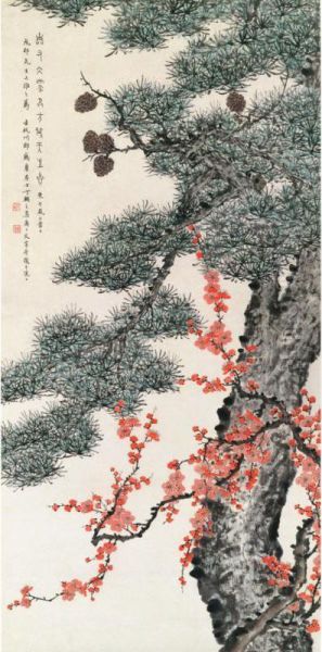 Plum Blossom And Pine Oil Painting by Ding Fuzhi