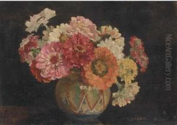 Zinnias Oil Painting by Ethel Gabain