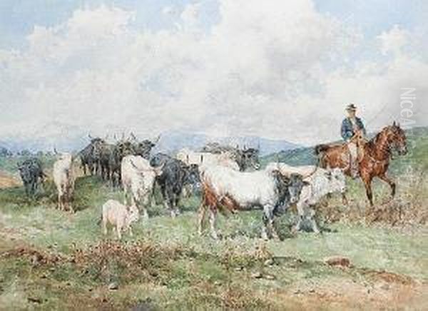 Cattle And Drover Oil Painting by Giuseppe Gabani