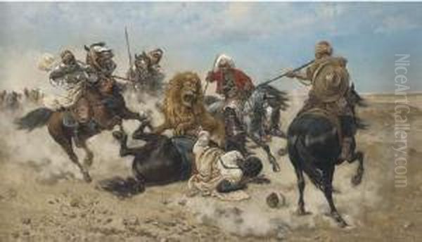 Horsemen Attacking A Lion Oil Painting by Giuseppe Gabani