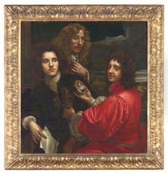 Group Portrait Of Three 
Gentlemen, Half-length, One In A Reddoublet Holding A Viola Da Gamba In 
One Hand And A Miniatureportrait In The Other, The Second In A Brown 
Coat With A Silkcravat, Holding A Letter, The Last Holding Up A Medal 
From A Chain Oil Painting by Anton Domenico Gabbiani