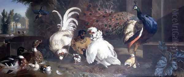 A Peacock, Chickens, Ducks and a Kingfisher Oil Painting by Pieter Casteels