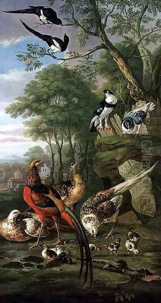 Cock pheasant, hen pheasant and chicks and other birds in a classical landscape Oil Painting by Pieter Casteels