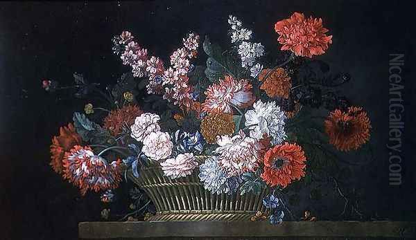 A Still Life of Carnations, Stocks, Peonies, Convolvulus and Other Flowers in a Basket Resting on a Stone Ledge, 1734 Oil Painting by Pieter Casteels