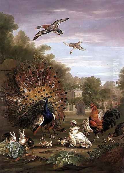 Peacock and Rabbits in a Landscape Oil Painting by Pieter Casteels