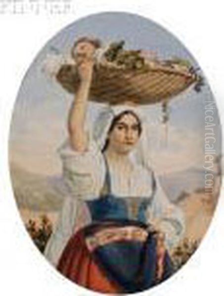 Portrait Of A Woman With Sleeping Infant In A Basket Oil Painting by Pietro Gabrini