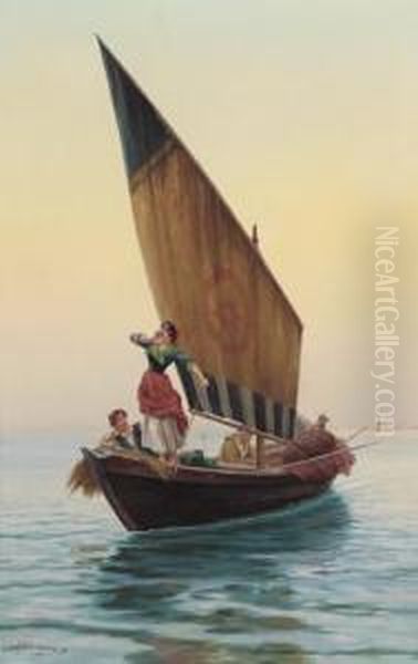 Figure In Barca Nel Golfo Di Napoli Oil Painting by Pietro Gabrini