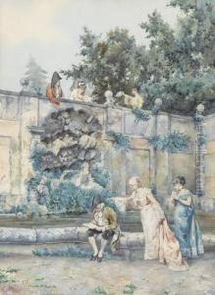 Hofische Gesellschaft An Einem Parkbrunnen. Oil Painting by Pietro Gabrini