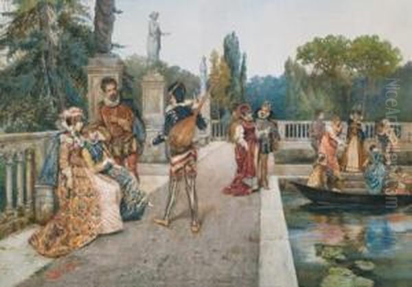 A Park Scene With Strollers And A Luteplayer Oil Painting by Pietro Gabrini