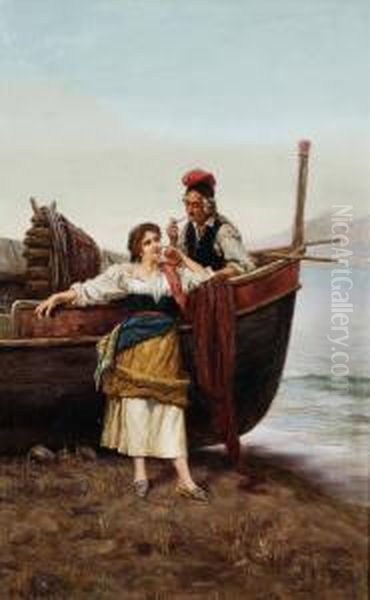 Pescatori Sulla Spiaggia Oil Painting by Pietro Gabrini