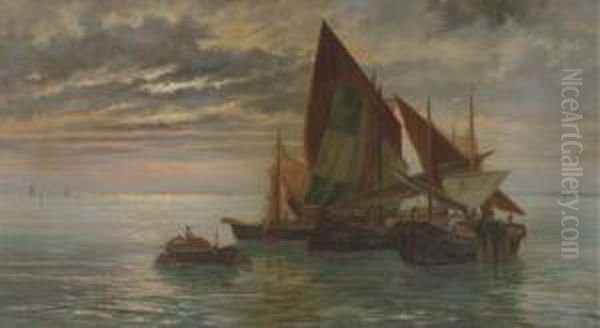 Boats At Sunset Oil Painting by Pietro Gabrini