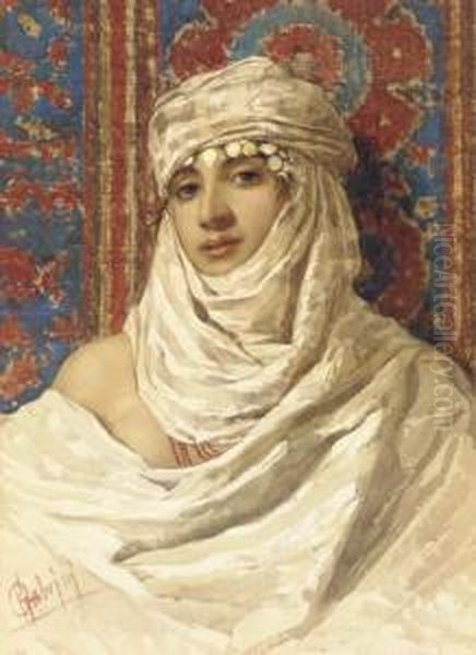 An Exotic Beauty; Also A Companion Watercolor Oil Painting by Pietro Gabrini