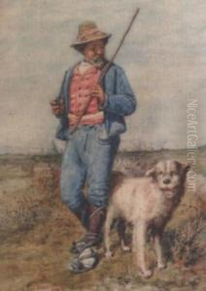 Man Walking His Dog In The Roman Countryside Oil Painting by Pietro Gabrini