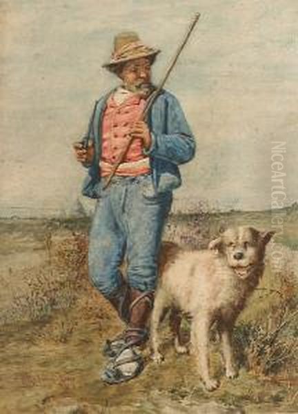 A Man Walking His Dog In The Roman Countryside With St. Peter's In The Background Oil Painting by Pietro Gabrini