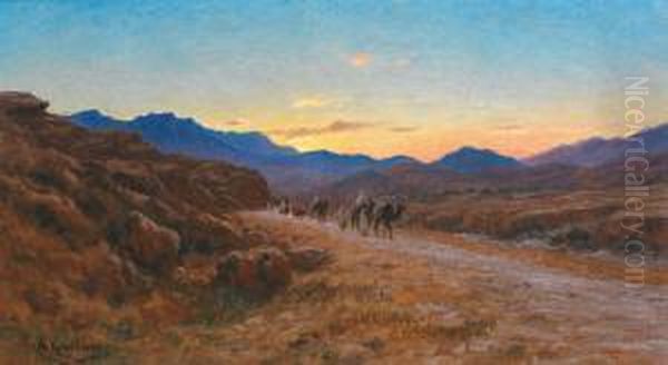 Coucher De Soleil Au Passage De La Caravane Oil Painting by Antoine Gadan