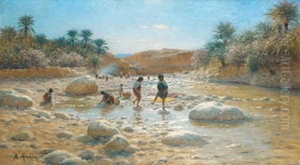 Lavandieres Au Bord De L'oued Oil Painting by Antoine Gadan