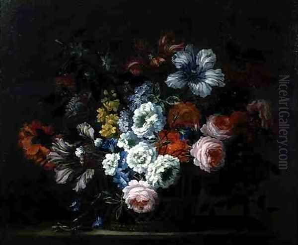 Still Life of Roses, Peonies, Tulips and Morning Glory in a Basket Oil Painting by Pieter Casteels