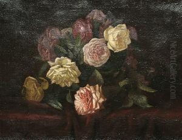 A Still Life Of Pink And Yellow Roses On A Red Velvet Cloth Oil Painting by Antoine Gadan