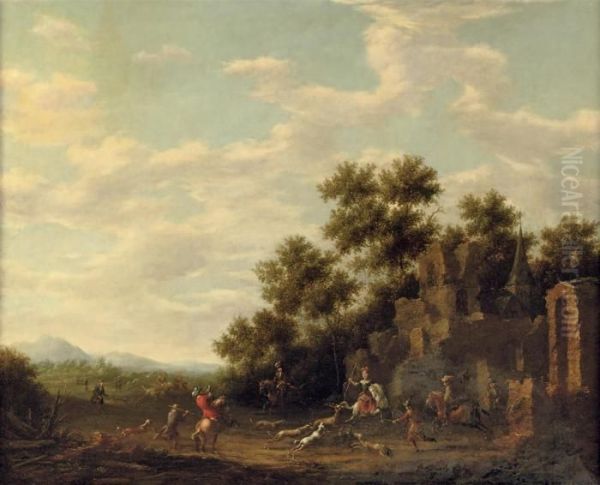 A Wooded Landscape With A Hunting Party Near A Ruin Oil Painting by Barent Gael