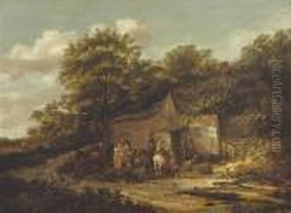 A Wooded Landscape With Travellers Resting By An Inn Oil Painting by Barent Gael