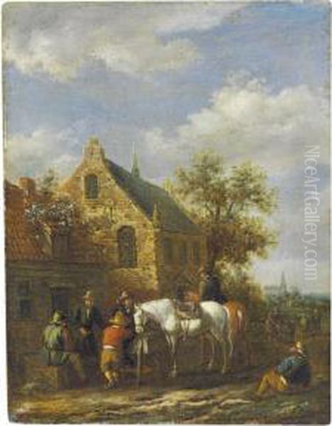 Travelers Resting In A Village 
Landscape; And A Companion Paintingof Travelers By A Tavern Oil Painting by Barent Gael