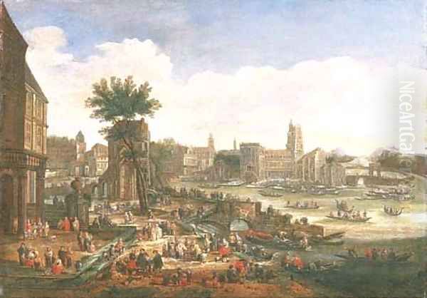 A capriccio of a port with numerous figures and shipping Oil Painting by Pieter Casteels