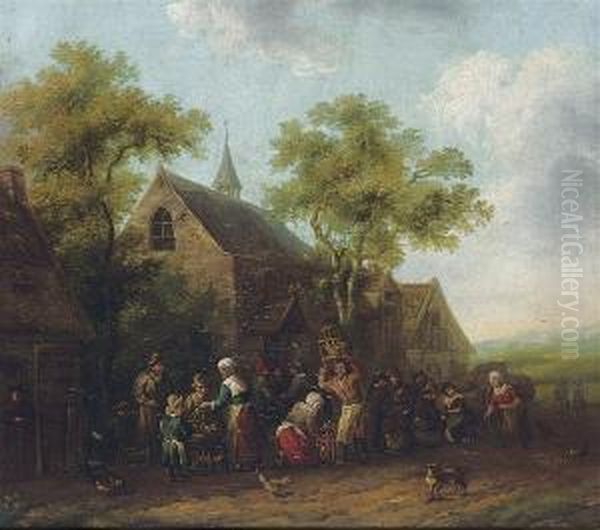 A Village Landscape With Peasants At A Market; And Peasants At A Pig Market Oil Painting by Barent Gael