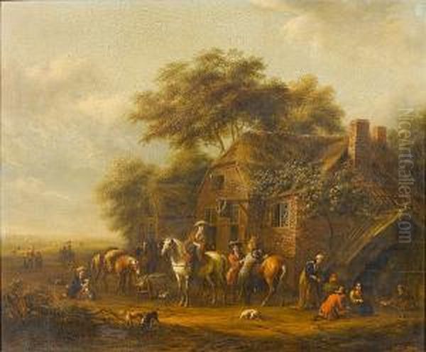 Huntsmen And Their Dogs Outside A Country Inn Oil Painting by Barent Gael