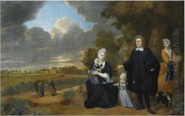 A Portrait Of A Family Together With A Maid Near A Dutch Oil Painting by Barent Gael