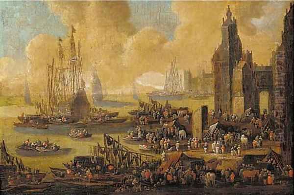 A capriccio of a northern harbour, with townsfolk, merchants, stevedores and sailors on the quays and in boats Oil Painting by Pieter Casteels