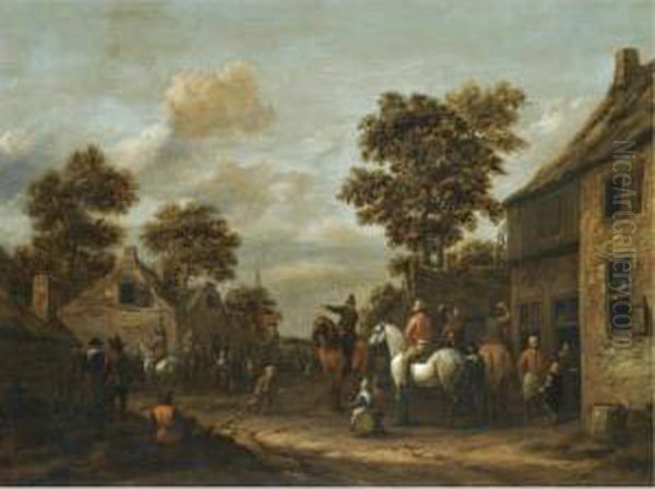 A Village Scene With Cavaliers And Other Figures Before A Tavern Oil Painting by Barent Gael