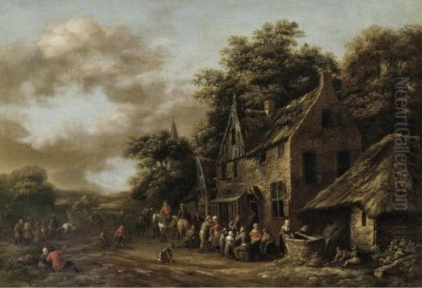 A Village Scene With Numerous Peasants Outside A Tavern Oil Painting by Barent Gael