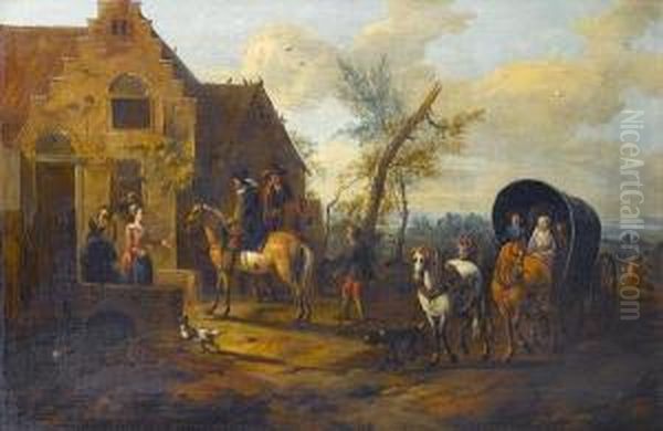 Horsemen Halting At A Country Inn With Travellers Passing By Oil Painting by Barent Gael