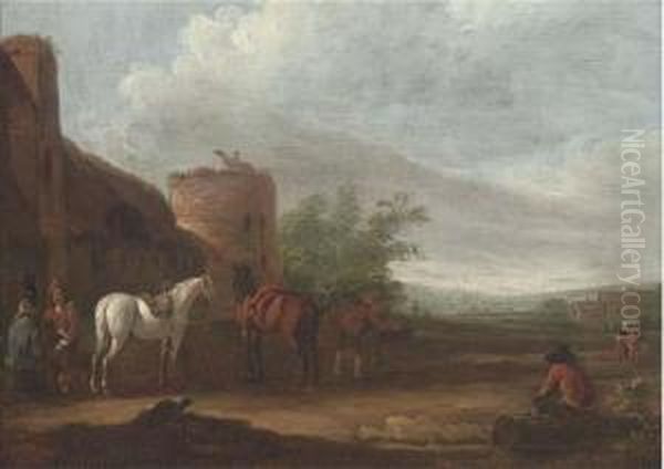 A Landscape With Travellers At Halt In A Village Oil Painting by Barent Gael