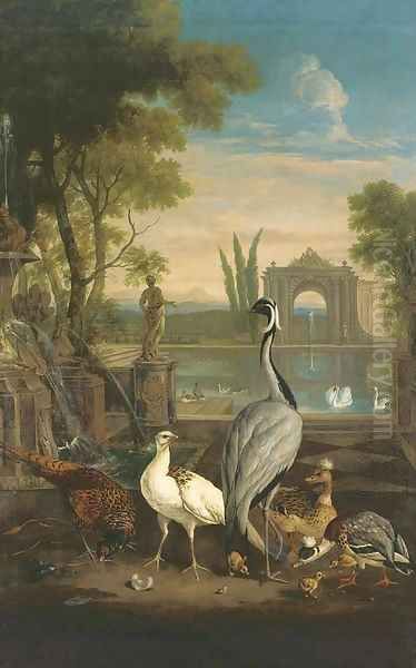 A Demoiselle crane, a pheasant, a duck and other birds in an Italianate garden with a lake Oil Painting by Pieter Casteels