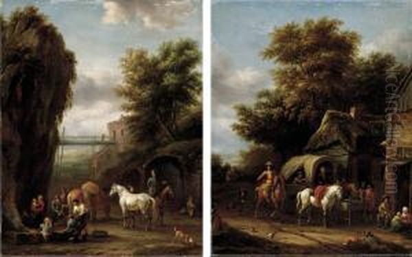 A Rocky Landscape With 
Travellers At A Forge; And A Wooded Landscape With Horsemen Halting At 
An Inn Oil Painting by Barent Gael