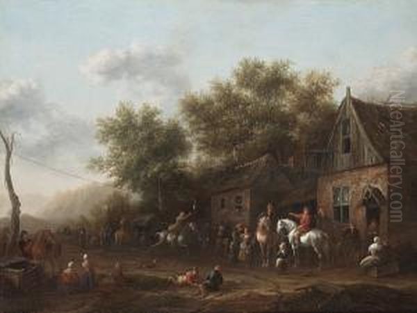 Figures Outside An Inn Playing Signed 'b Gael' (on Trough, Lower Right) Oil Painting by Barent Gael