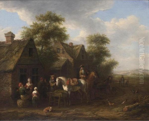 A Village Scene With Horsemen Halting Near Farmhouses And Other Figures Conversing Oil Painting by Barent Gael