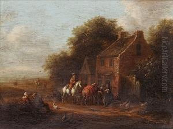 Horsemen Resting Outside A Village Inn; And Travellers Watering Their Horses Oil Painting by Barent Gael