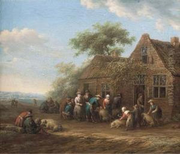 Peasants Outside An Inn Preparing Pigs For Market Oil Painting by Barent Gael