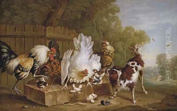 A spaniel disturbing chickens by a fence in a landscape Oil Painting by Pieter Casteels